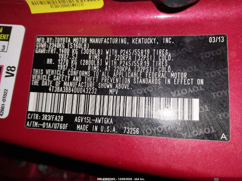 2013 Toyota Venza Le VIN: 4T3BA3BB4DU043232 Lot: 43852363