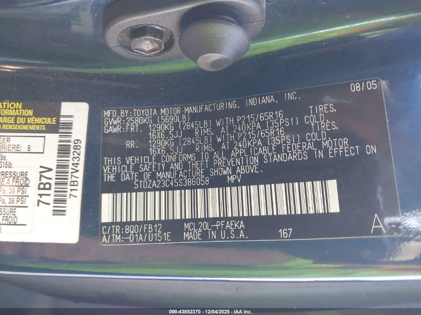 2005 Toyota Sienna Le VIN: 5TDZA23C45S386058 Lot: 43852370