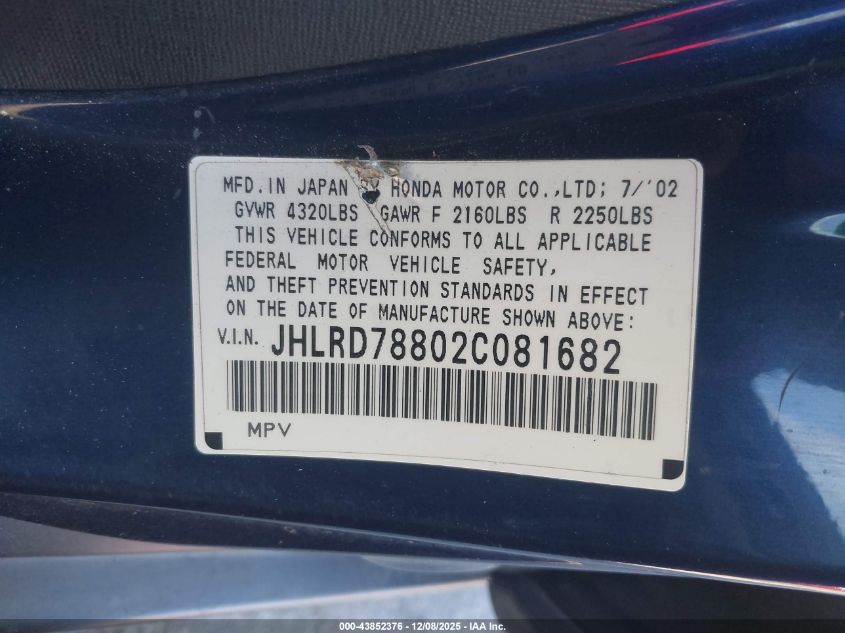 2002 Honda Cr-V Ex VIN: JHLRD78802C081682 Lot: 43852376