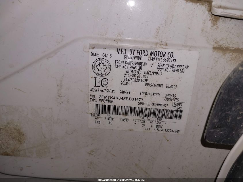 2015 Ford Edge Titanium VIN: 2FMTK4K84FBB31677 Lot: 43852378