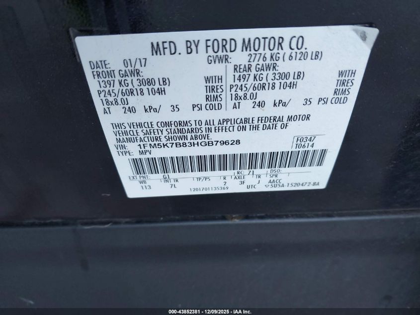 2017 Ford Explorer VIN: 1FM5K7B83HGB79628 Lot: 43852381