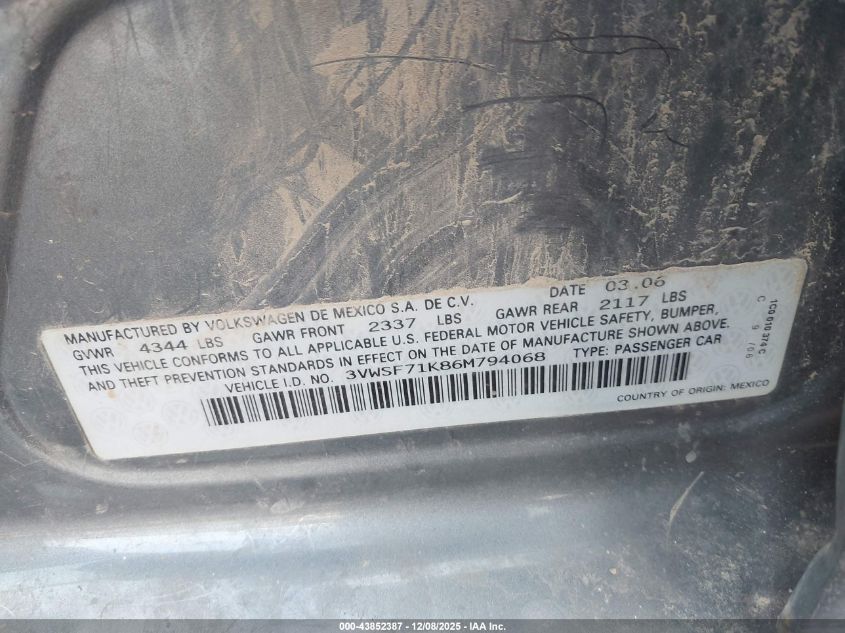 2006 Volkswagen Jetta 2.5 VIN: 3VWSF71K86M794068 Lot: 43852387