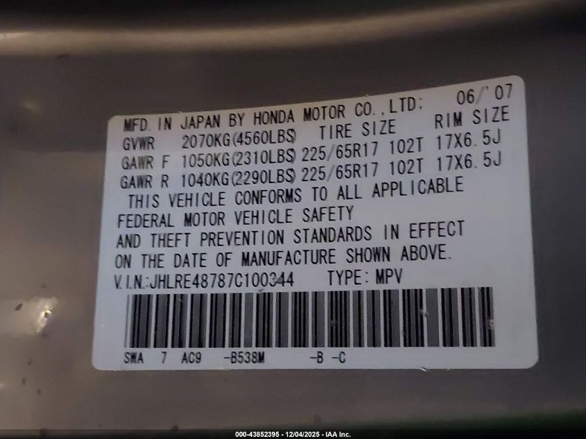 2007 Honda Cr-V Ex-L VIN: JHLRE48787C100344 Lot: 43852395