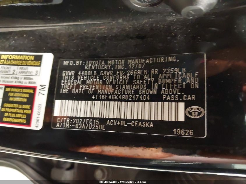 2008 Toyota Camry Se VIN: 4T1BE46K48U247404 Lot: 43852400