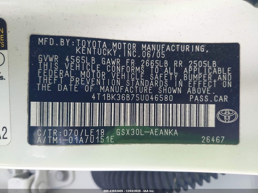 4T1BK36B75U046580 2005 TOYOTA AVALON photo no. 9