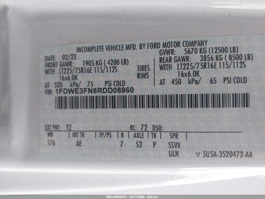 2024 Ford E-350 Cutaway VIN: 1FDWE3FN8RDD08860 Lot: 43852414