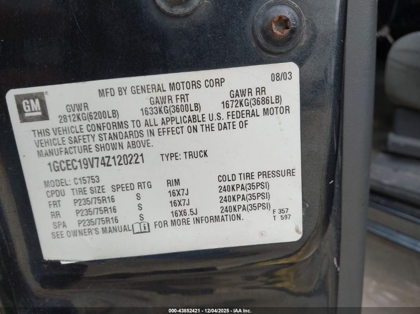 2004 Chevrolet Silverado VIN: 1GCLC19V74Z120221 Lot: 43852421