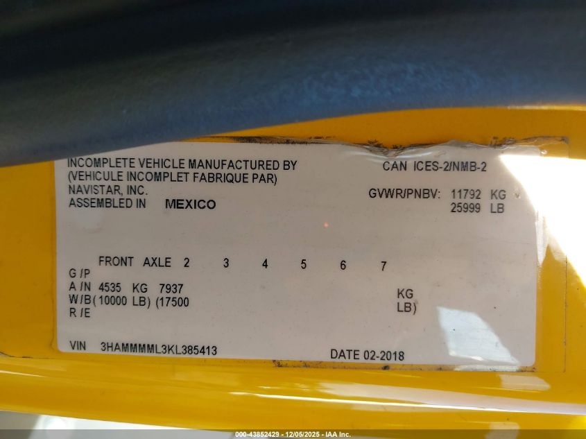 2019 International Durastar 4300 VIN: 3HAMMMML3KL385413 Lot: 43852429