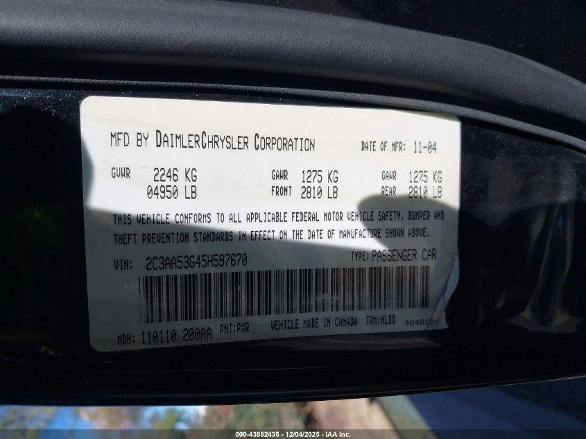 2005 Chrysler 300 Touring VIN: 2C3AA53G45H597670 Lot: 43852435