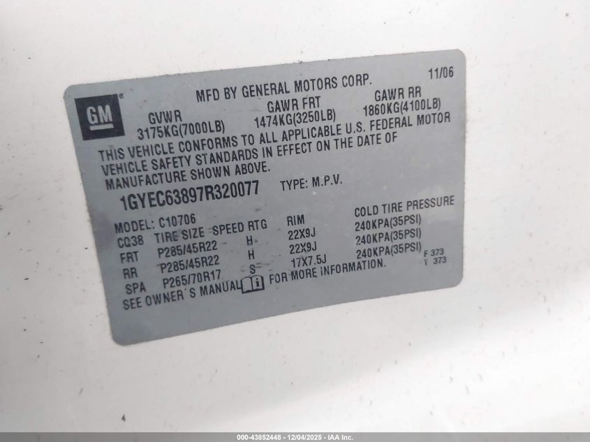 2007 Cadillac Escalade Standard VIN: 1GYEC63897R320077 Lot: 43852448