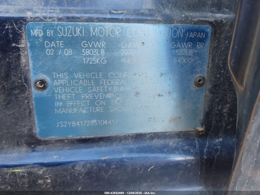 2008 Suzuki Sx4 Convenience/Touring VIN: JS2YB417285104414 Lot: 43852469