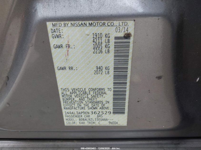 2014 Nissan Altima 2.5 S VIN: 1N4AL3AP9EN362529 Lot: 43852483