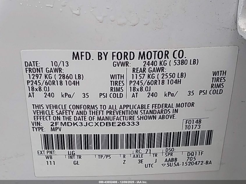 2013 Ford Edge Sel VIN: 2FMDK3JCXDBE26333 Lot: 43852486