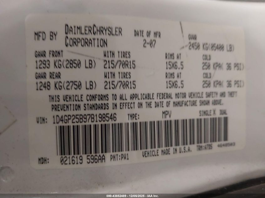 2007 Dodge Caravan Se VIN: 1D4GP25B97B198546 Lot: 43852489