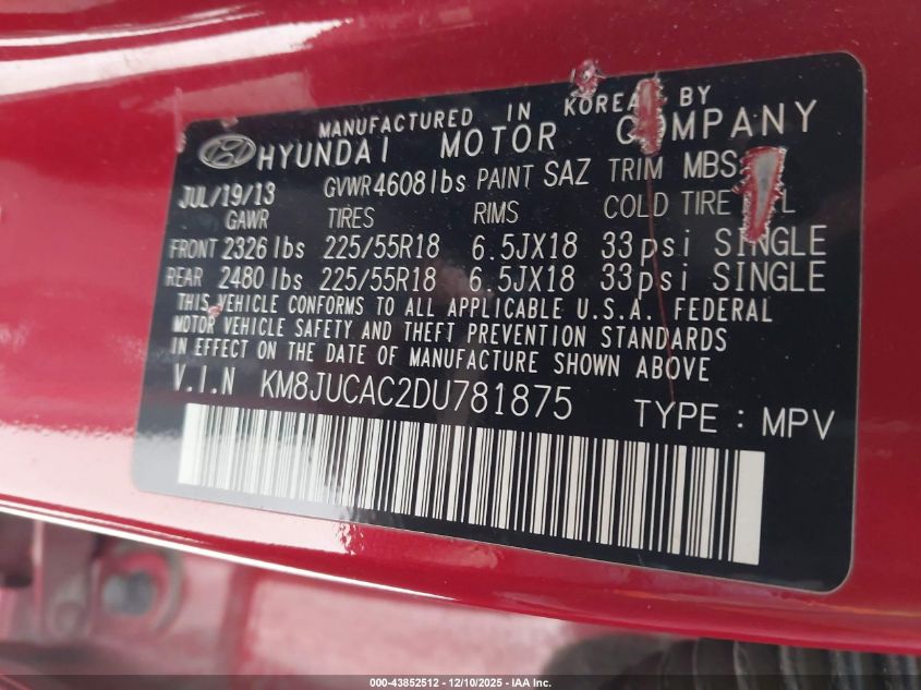 2013 Hyundai Tucson Limited VIN: KM8JUCAC2DU781875 Lot: 43852512