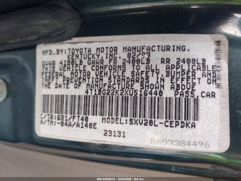 1999 Toyota Camry Ce/Le/Xle VIN: 4T1BG22K2XU516440 Lot: 43852514