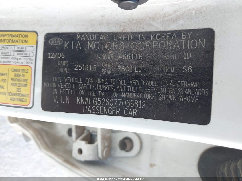 2007 Kia Rondo Ex V6 VIN: KNAFG526077066812 Lot: 43852515