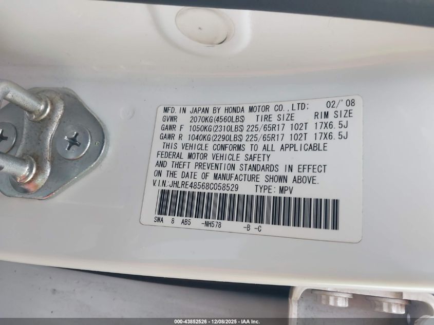 2008 Honda Cr-V Ex VIN: JHLRE48568C058529 Lot: 43852526