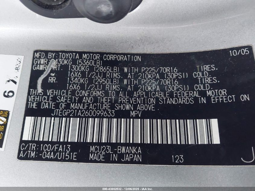 2006 Toyota Highlander V6 VIN: JTEGP21A260099633 Lot: 43852532