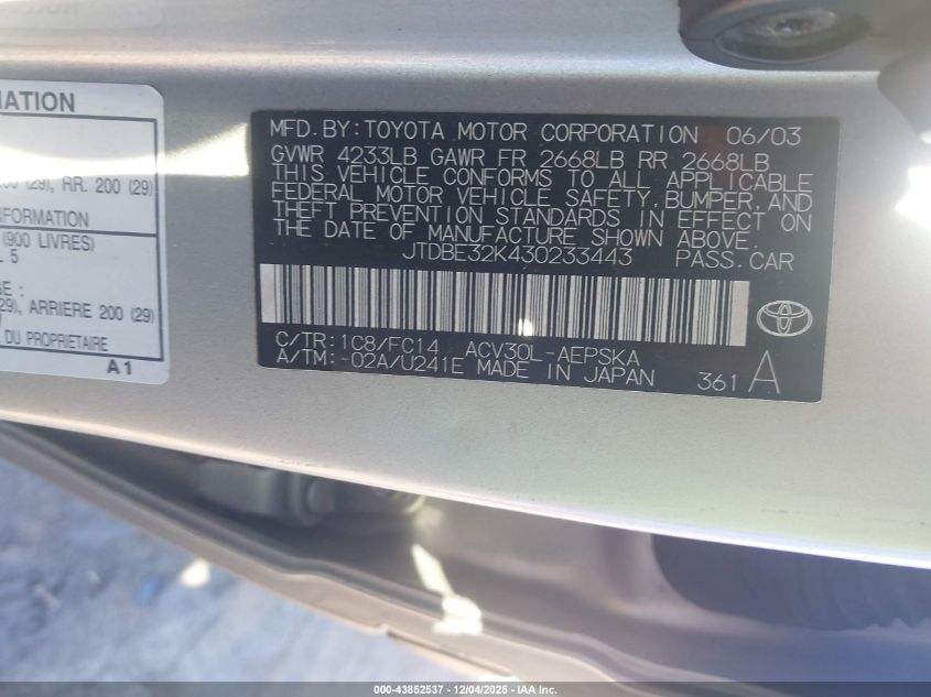 2003 Toyota Camry Se VIN: JTDBE32K430233443 Lot: 43852537