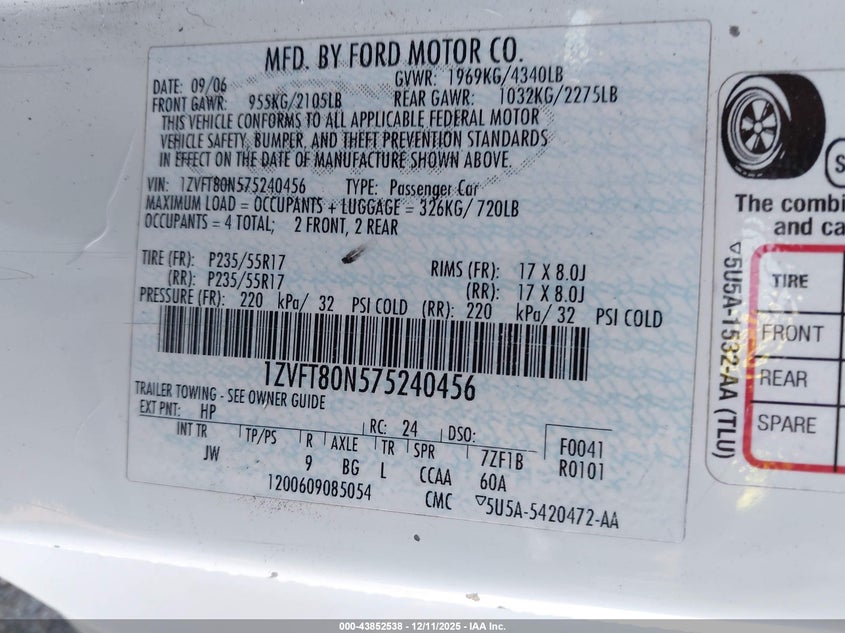 1ZVFT80N575240456 2007 FORD MUSTANG photo no. 9
