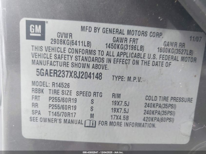 2008 Buick Enclave Cxl VIN: 5GAER237X8J204148 Lot: 43852547