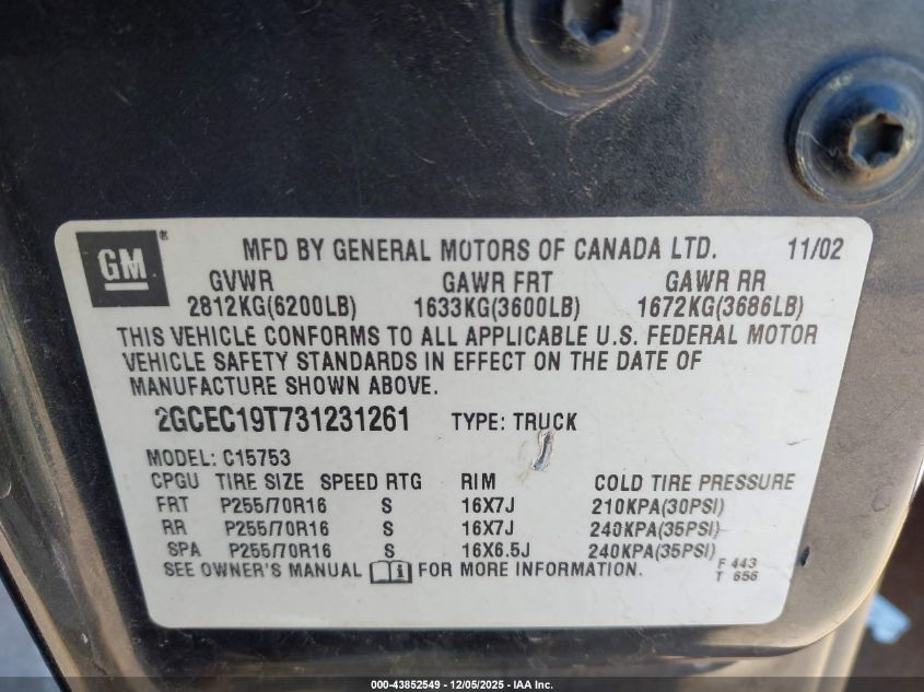 2003 Chevrolet Silverado 1500 Ls VIN: 2GCEC19T731231261 Lot: 43852549