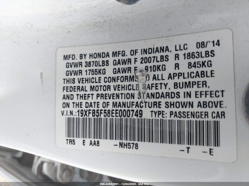 2014 Honda Civic Natural Gas VIN: 19XFB5F58EE000749 Lot: 43852561