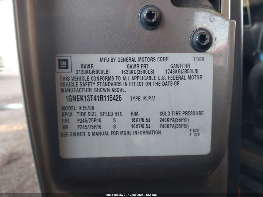 2001 Chevrolet Tahoe Lt VIN: 1GNEK13T41R115426 Lot: 43852572