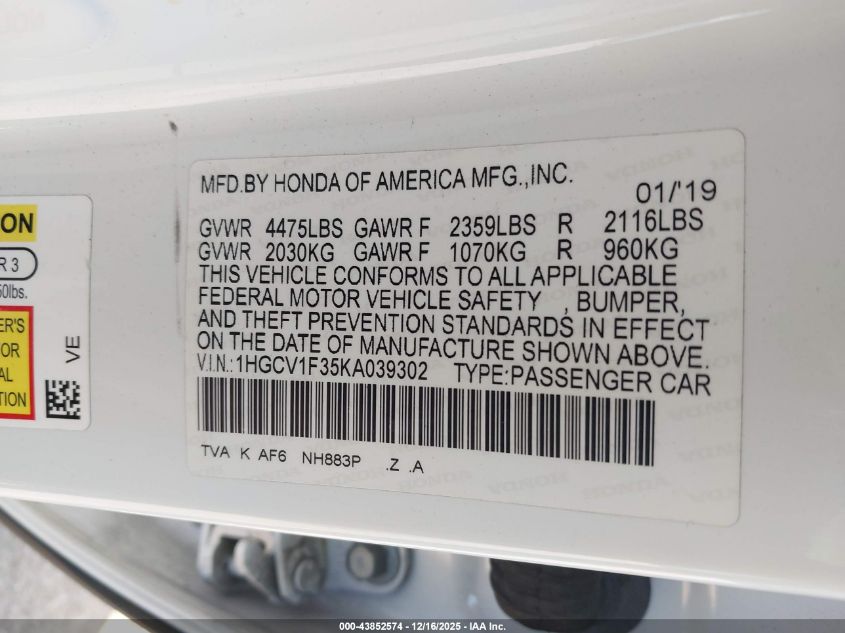 2019 Honda Accord Sport VIN: 1HGCV1F35KA039302 Lot: 43852574