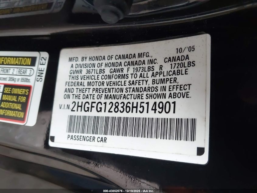 2006 Honda Civic Ex VIN: 2HGFG12836H514901 Lot: 43852576