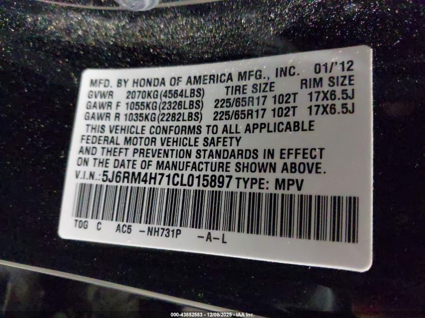 2012 Honda Cr-V Ex-L VIN: 5J6RM4H71CL015897 Lot: 43852583