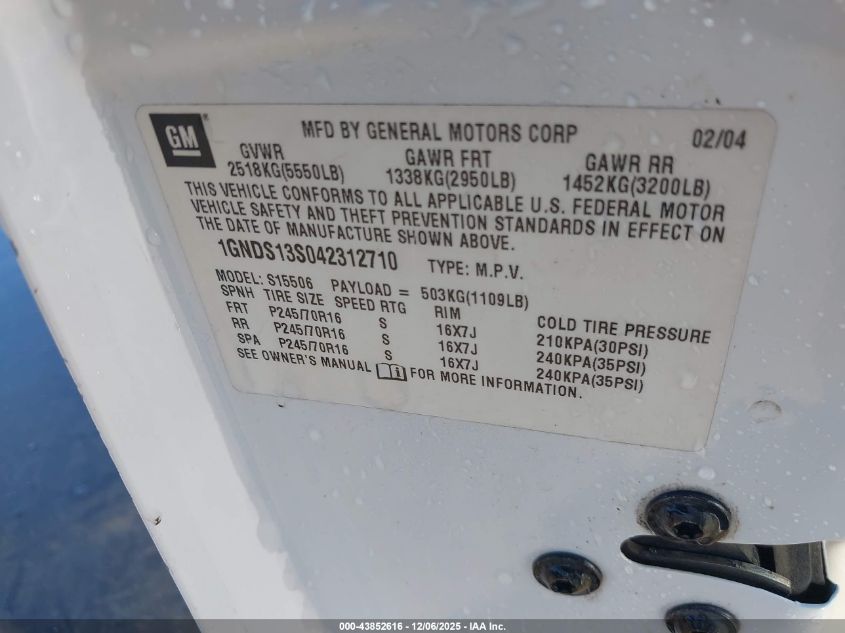 2004 Chevrolet Trailblazer Ls VIN: 1GNDS13S042312710 Lot: 43852616