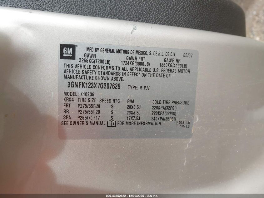 2007 Chevrolet Avalanche 1500 Lt VIN: 3GNFK123X7G307626 Lot: 43852622