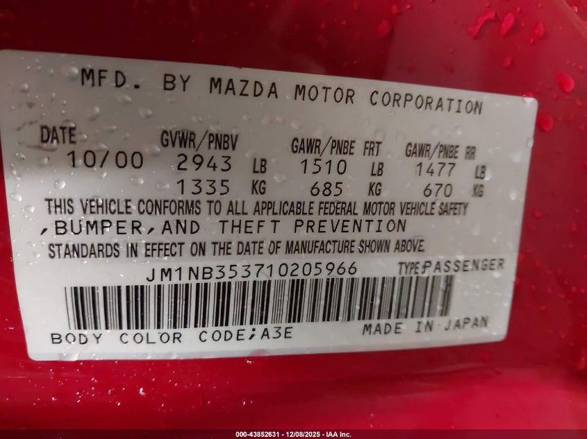 2001 Mazda Mx-5 Miata Ls/Special Edition VIN: JM1NB353710205966 Lot: 43852631