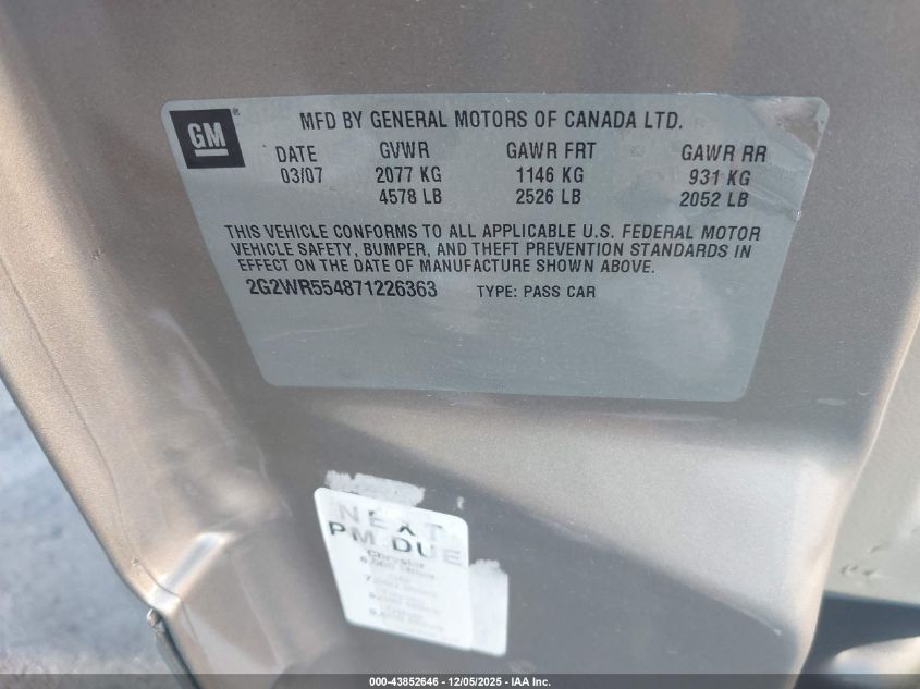 2007 Pontiac Grand Prix Gt VIN: 2G2WR554871226363 Lot: 43852646