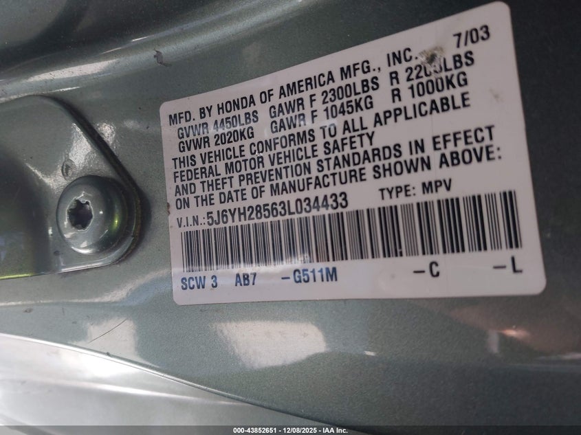 5J6YH28563L034433 2003 HONDA ELEMENT photo no. 9