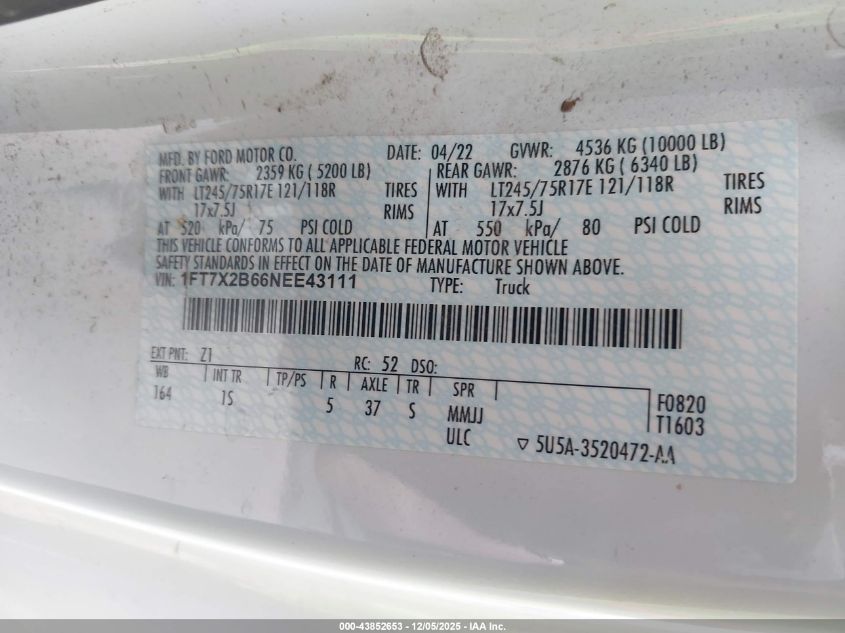 2022 Ford F-250 Xl VIN: 1FT7X2B66NEE43111 Lot: 43852653