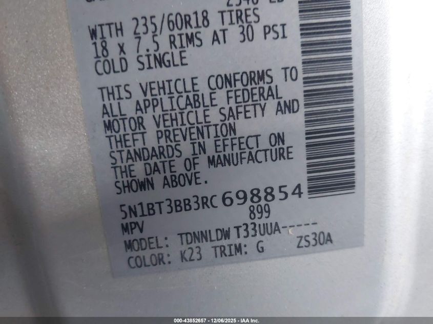 2024 Nissan Rogue Sv Intelligent Awd VIN: 5N1BT3BB3RC698854 Lot: 43852657