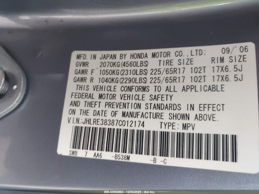 2007 Honda Cr-V Lx VIN: JHLRE38387C012174 Lot: 43852663