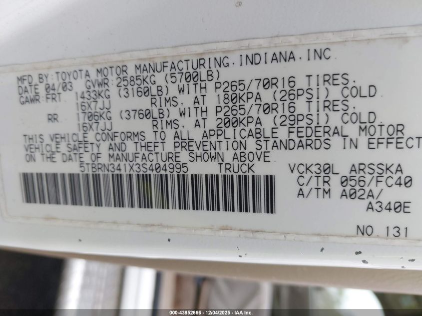 2003 Toyota Tundra Sr5 VIN: 5TBRN341X3S404995 Lot: 43852666