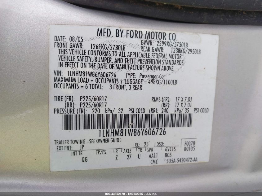 2006 Lincoln Town Car Signature VIN: 1LNHM81W86Y606726 Lot: 43852670