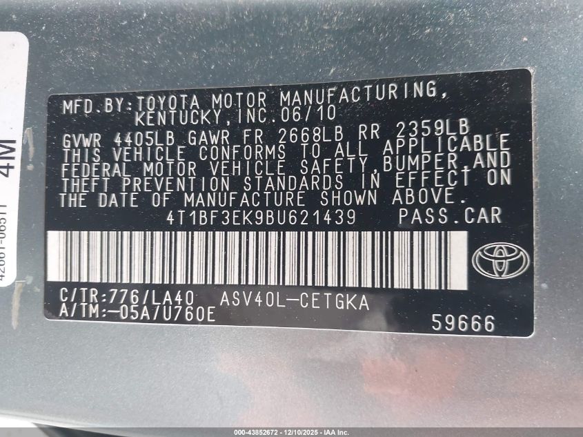 2011 Toyota Camry Xle VIN: 4T1BF3EK9BU621439 Lot: 43852672