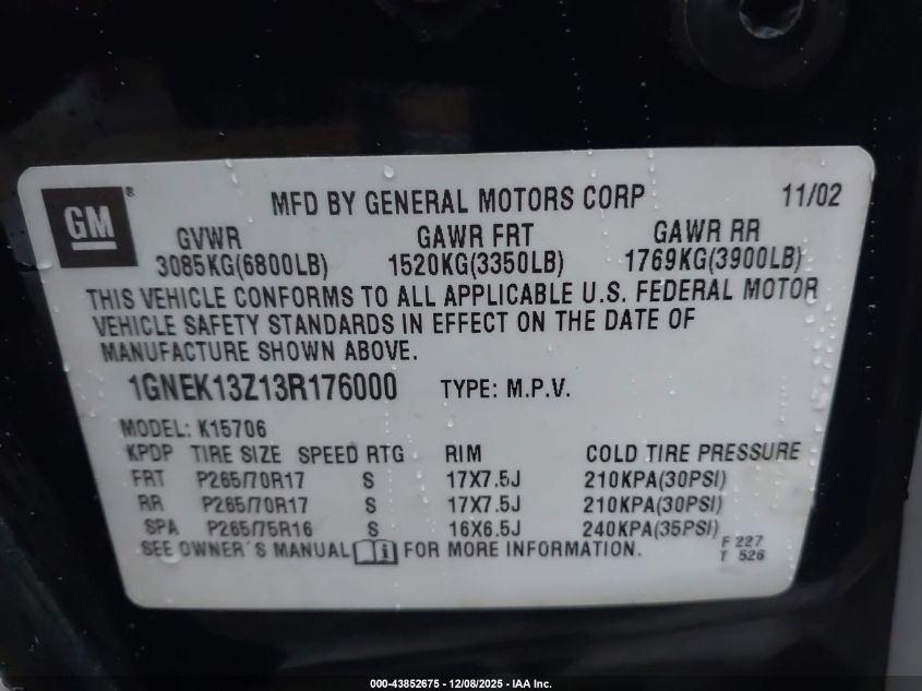2003 Chevrolet Tahoe Z71 VIN: 1GNEK13Z13R176000 Lot: 43852675