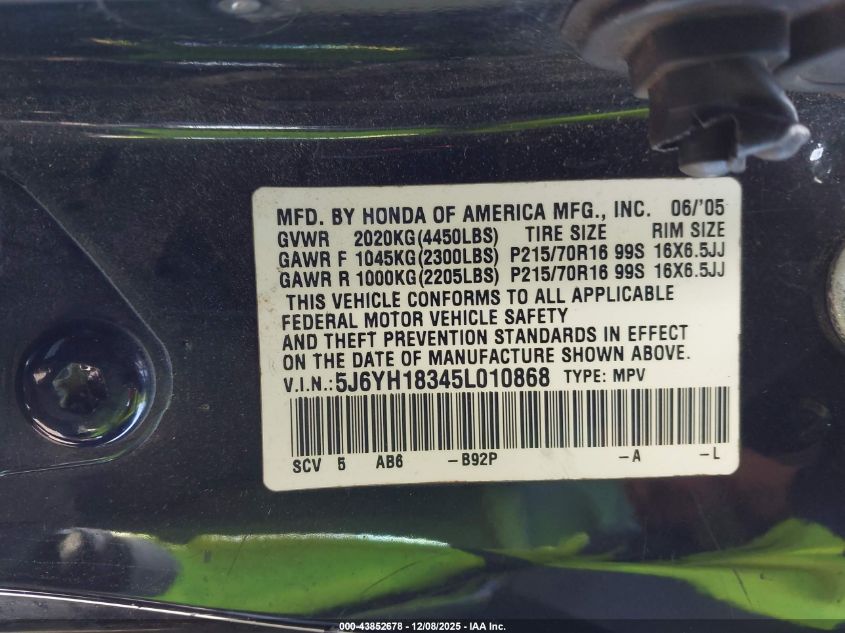 2005 Honda Element Lx VIN: 5J6YH18345L010868 Lot: 43852678