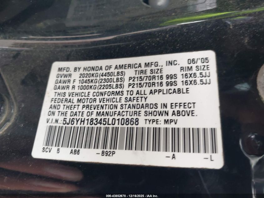 2005 Honda Element Lx VIN: 5J6YH18345L010868 Lot: 43852678