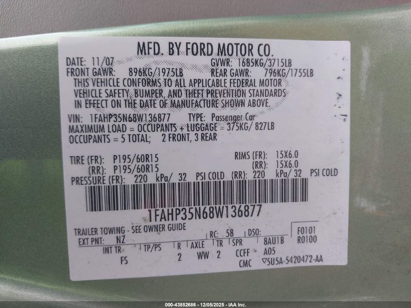 2008 Ford Focus Se/Ses VIN: 1FAHP35N68W136877 Lot: 43852686