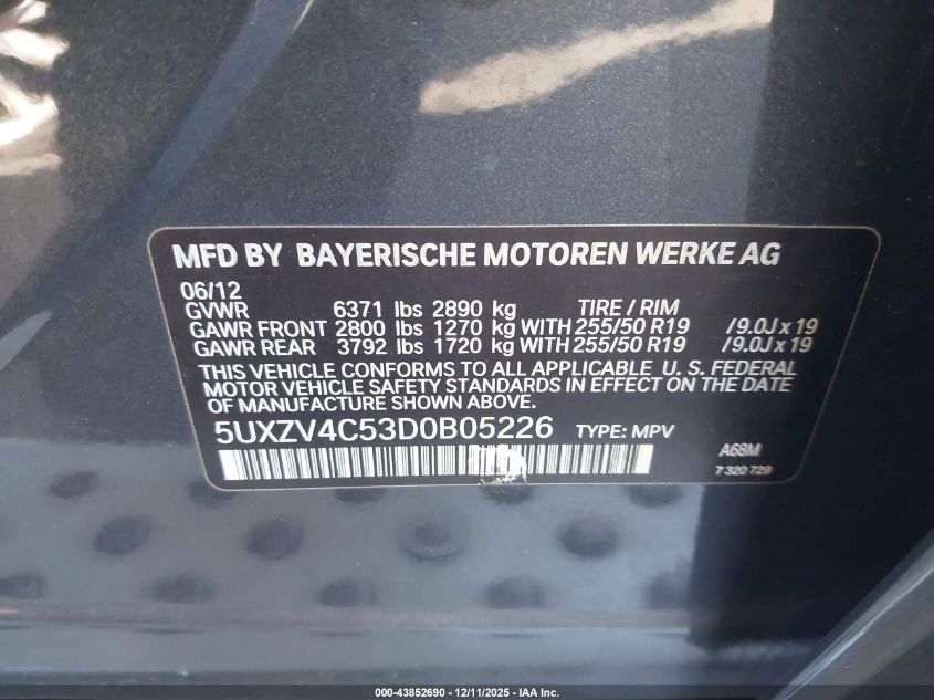 2013 BMW X5 xDrive35I/xDrive35I Premium/xDrive35I Sport Activity VIN: 5UXZV4C53D0B05226 Lot: 43852690