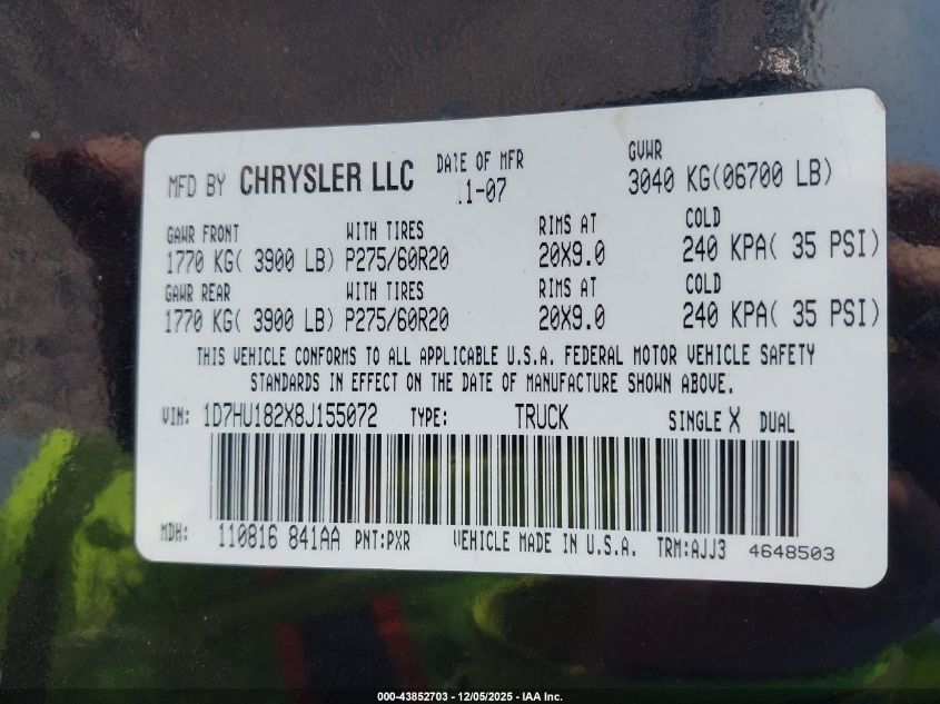 2008 Dodge Ram 1500 Slt VIN: 1D7HU182X8J155072 Lot: 43852703