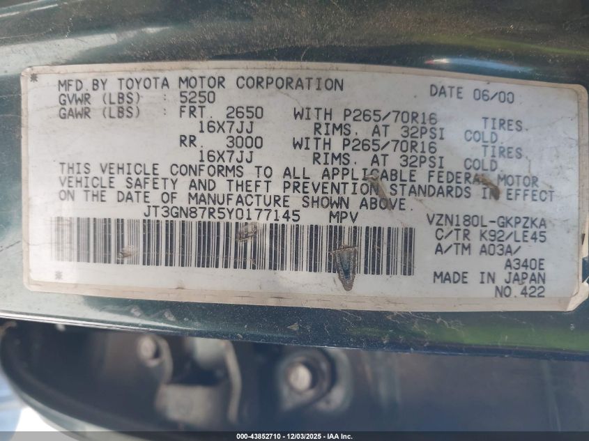 2000 Toyota 4Runner Limited V6 VIN: JT3GN87R5Y0177145 Lot: 43852710